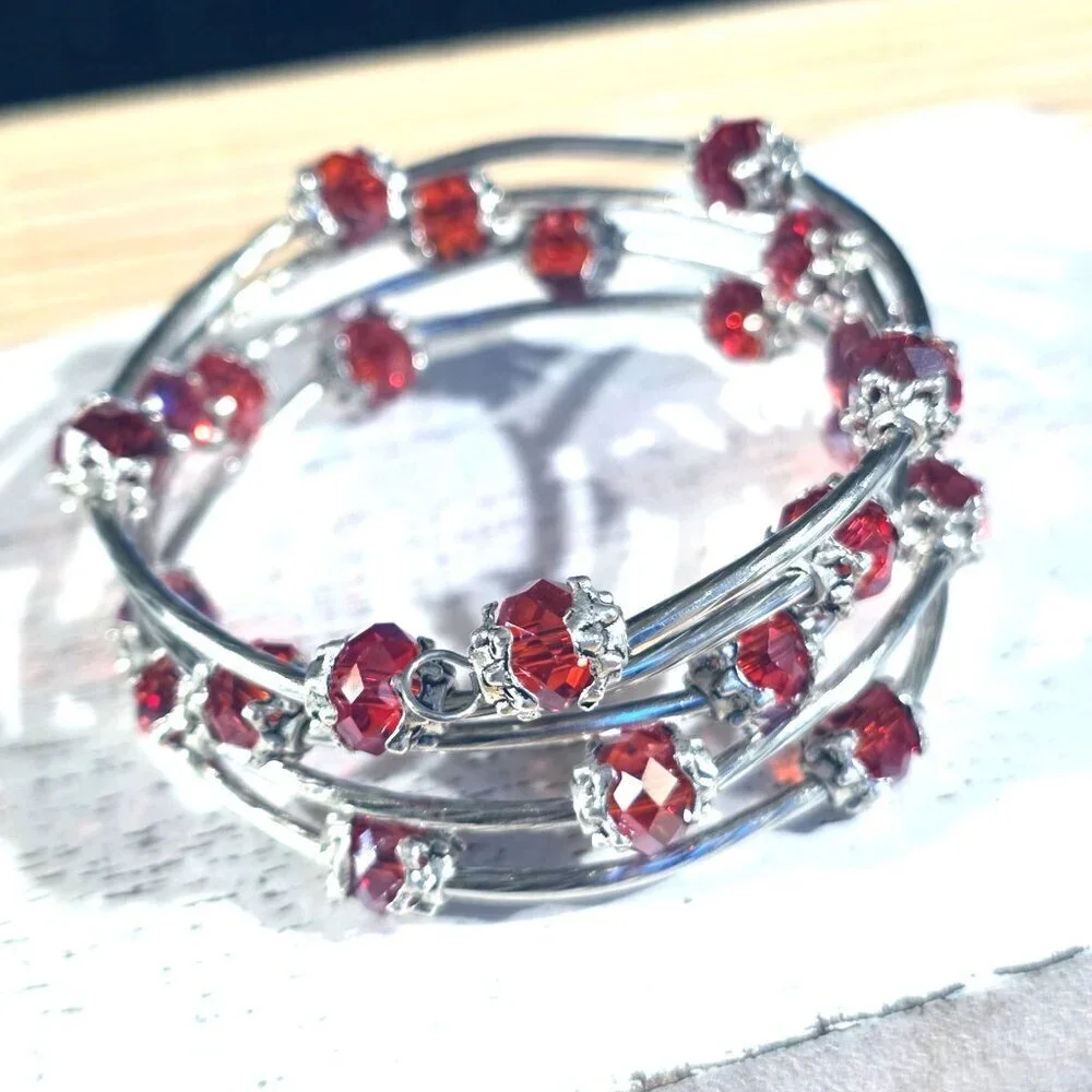 Red Faceted Crystal Rondelle Beads Silver Metal Handcrafted Wrap Bracelet